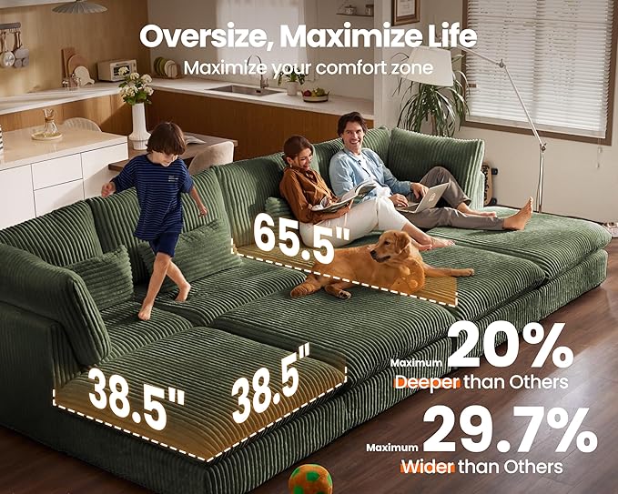 Oversized Modular Sectional with Chaise - Green Corduroy