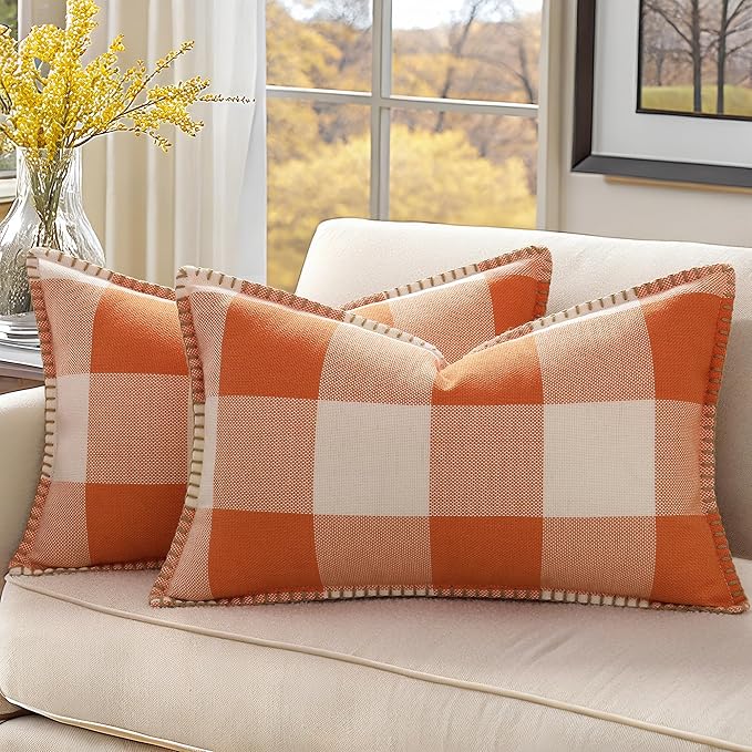 Fall Buffalo Plaid Pillow Covers - 12x20 - Set of 2, Orange