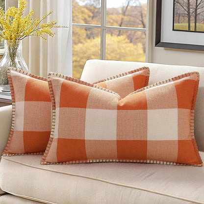 Fall Buffalo Plaid Pillow Covers - 12x20 - Set of 2, Orange
