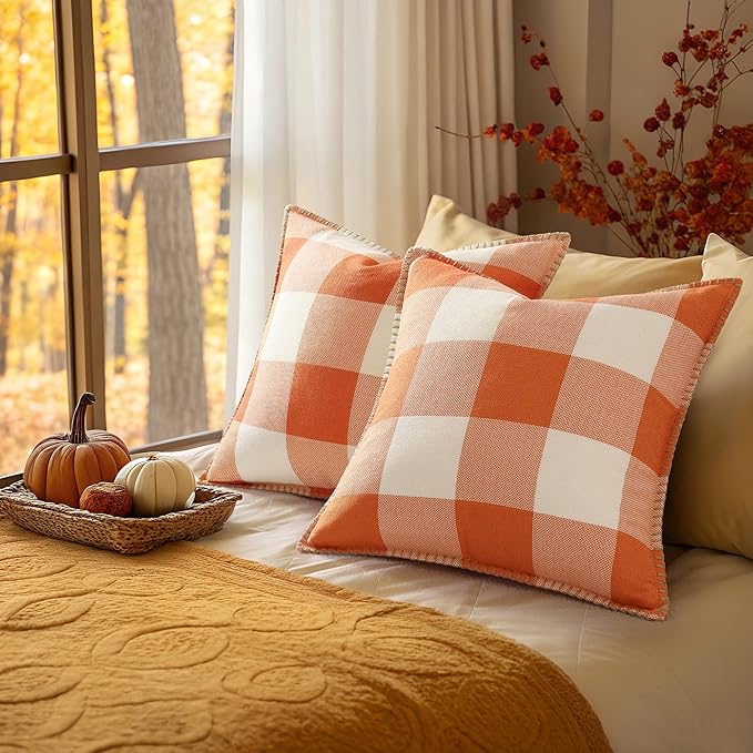 Fall Buffalo Plaid Pillow Covers - 12x20 - Set of 2, Orange