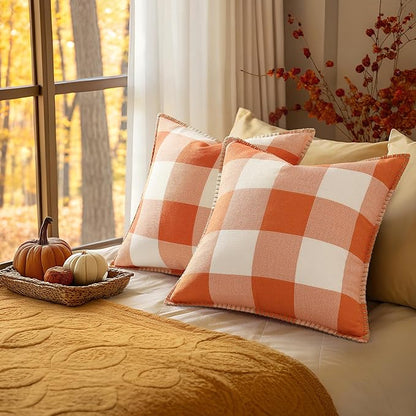 Fall Buffalo Plaid Pillow Covers - 12x20 - Set of 2, Orange
