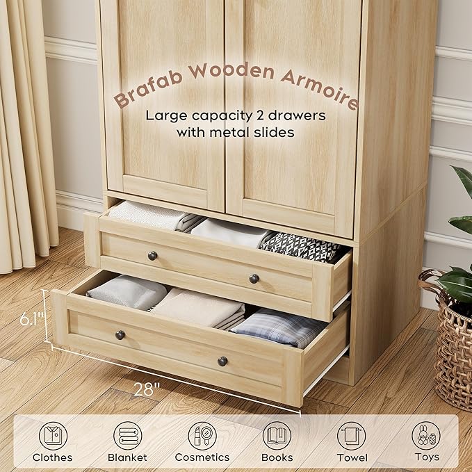 Wooden Armoire Wardrobe Closet - 71 inch, Natural Finish