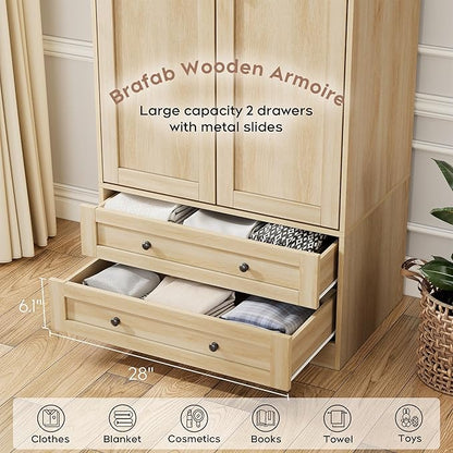 Wooden Armoire Wardrobe Closet - 71 inch, Natural Finish
