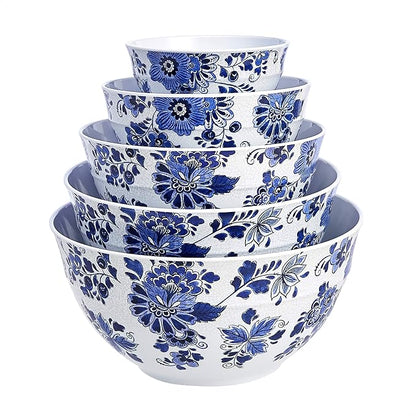 Blue and White Floral Nesting Melamine Bowls w/ Lids - 10 Pc Set