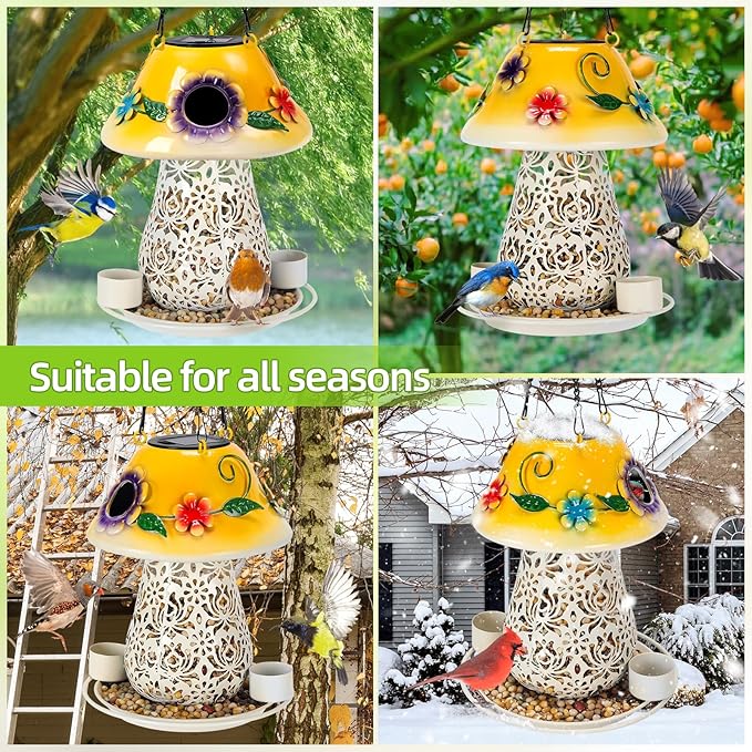 Mushroom Solar Hanging Metal Wild Bird Feeder