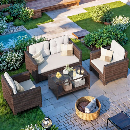 4 Piece Patio Rattan Furniture Set - Dark Brown/Beige
