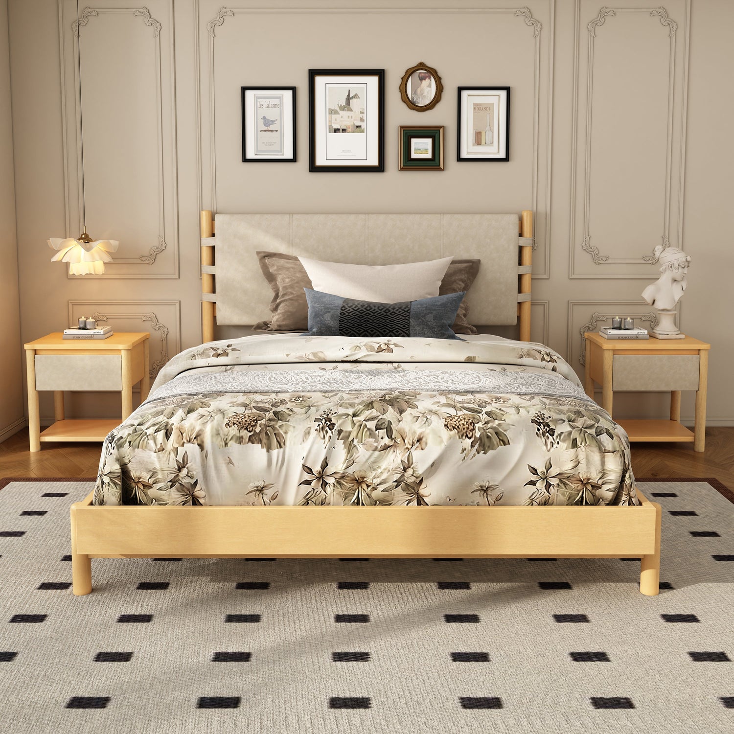 Modern Queen Bed Frame Set with 2 Nightstands - Beige Wood