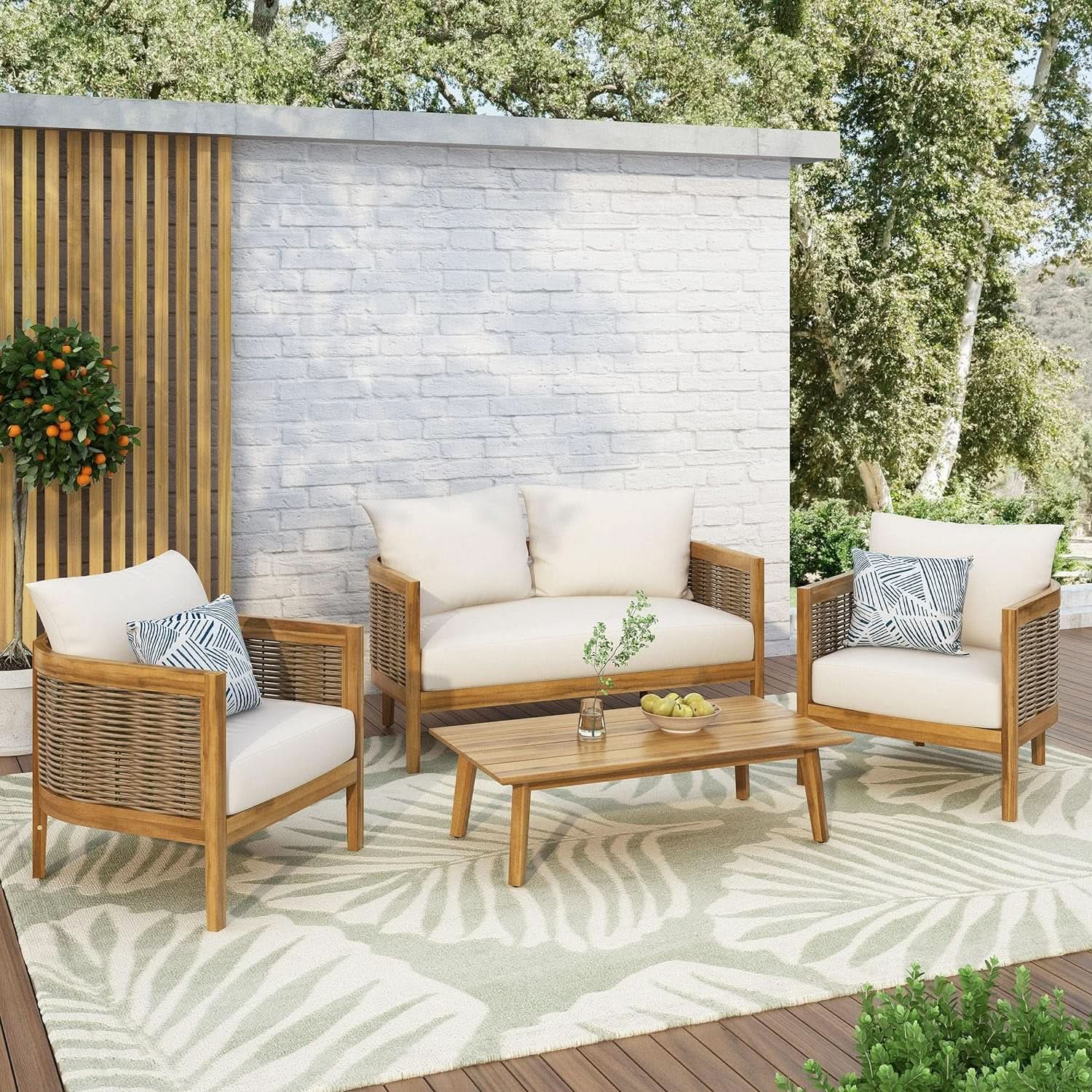 Burchett Outdoor 4 Piece Chat Set - Acacia Wood And Wicker Teak, Brown/Beige