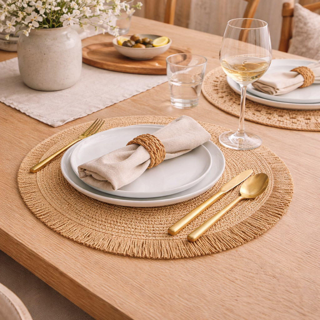 Straw &amp; Fringe Round Placemat | 15” Handwoven Natural Fiber Table Decor