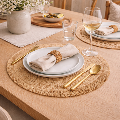 Straw &amp; Fringe Round Placemat | 15” Handwoven Natural Fiber Table Decor