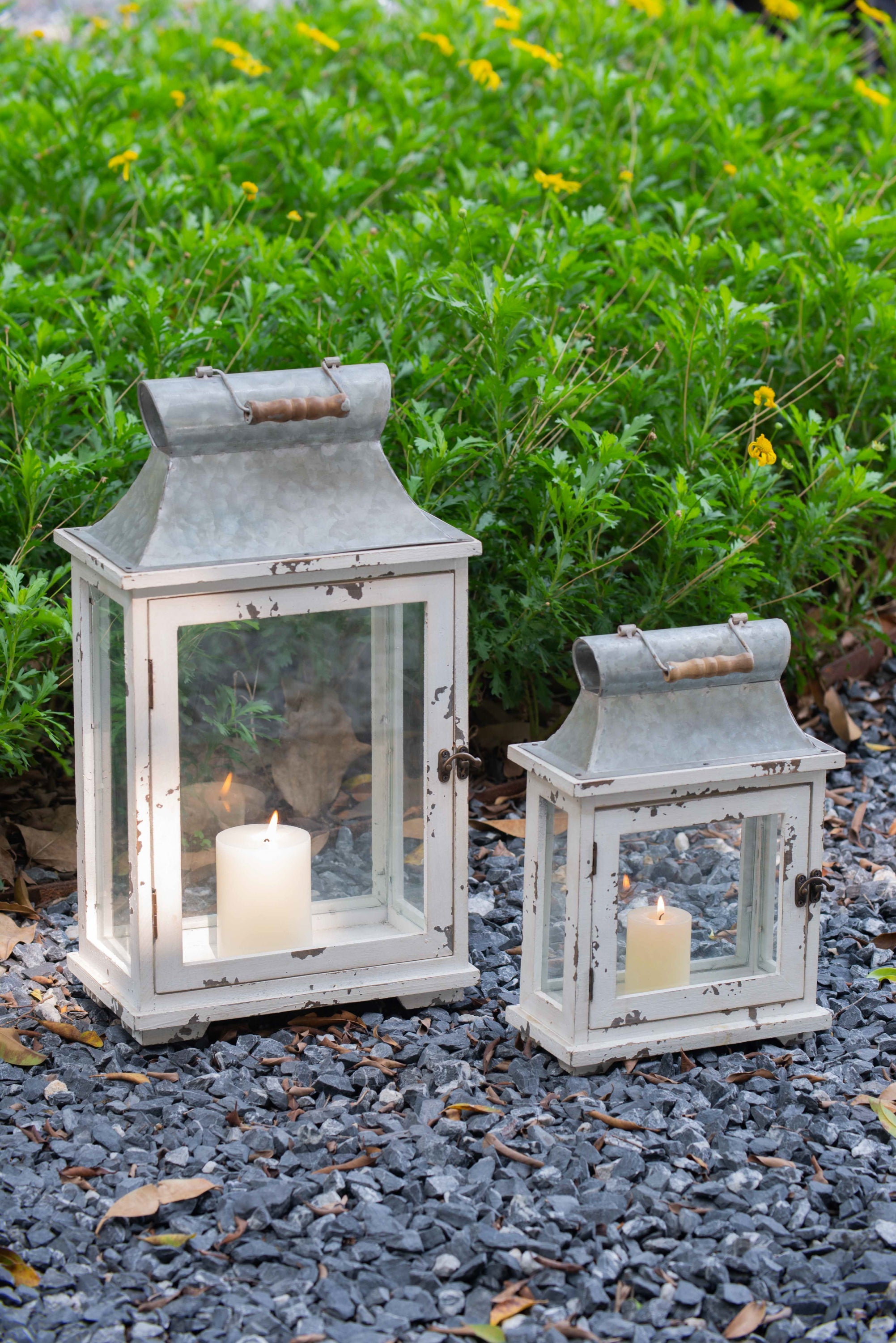 Rustic Wooden Hurricane Lanterns - Set of 2