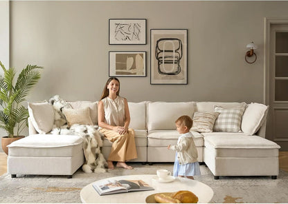 Oversized Modular Cloud Sectional Sofa w/ Storage Ottoman - Beige