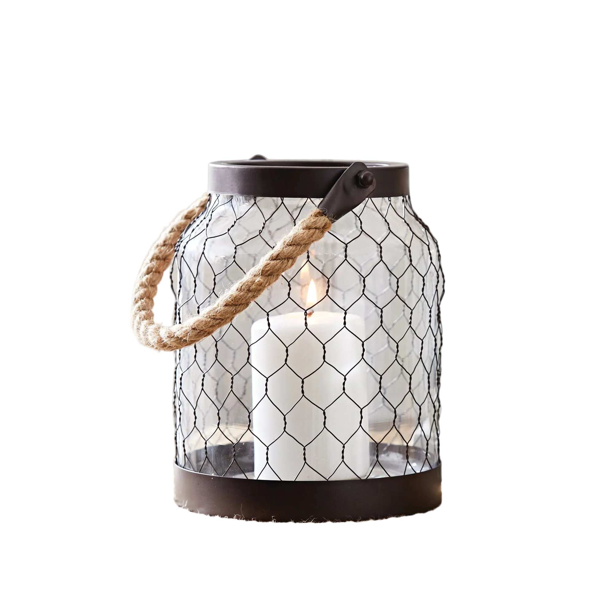 Farmhouse Metal Candle Lantern with Rope Handle