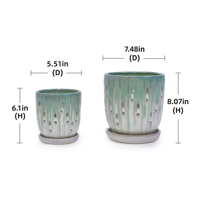 Set of 2 Ceramic Flowerpots - White/Aqua