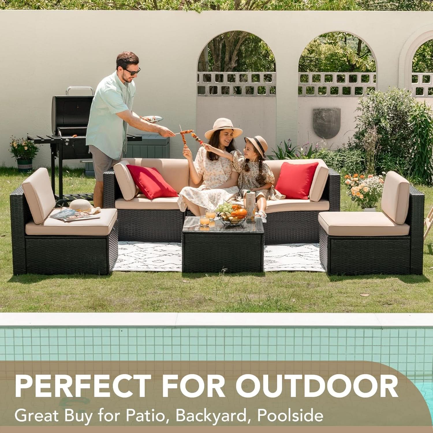 6 Piece Outdoor Rattan Sectional Sofa Set - Beige
