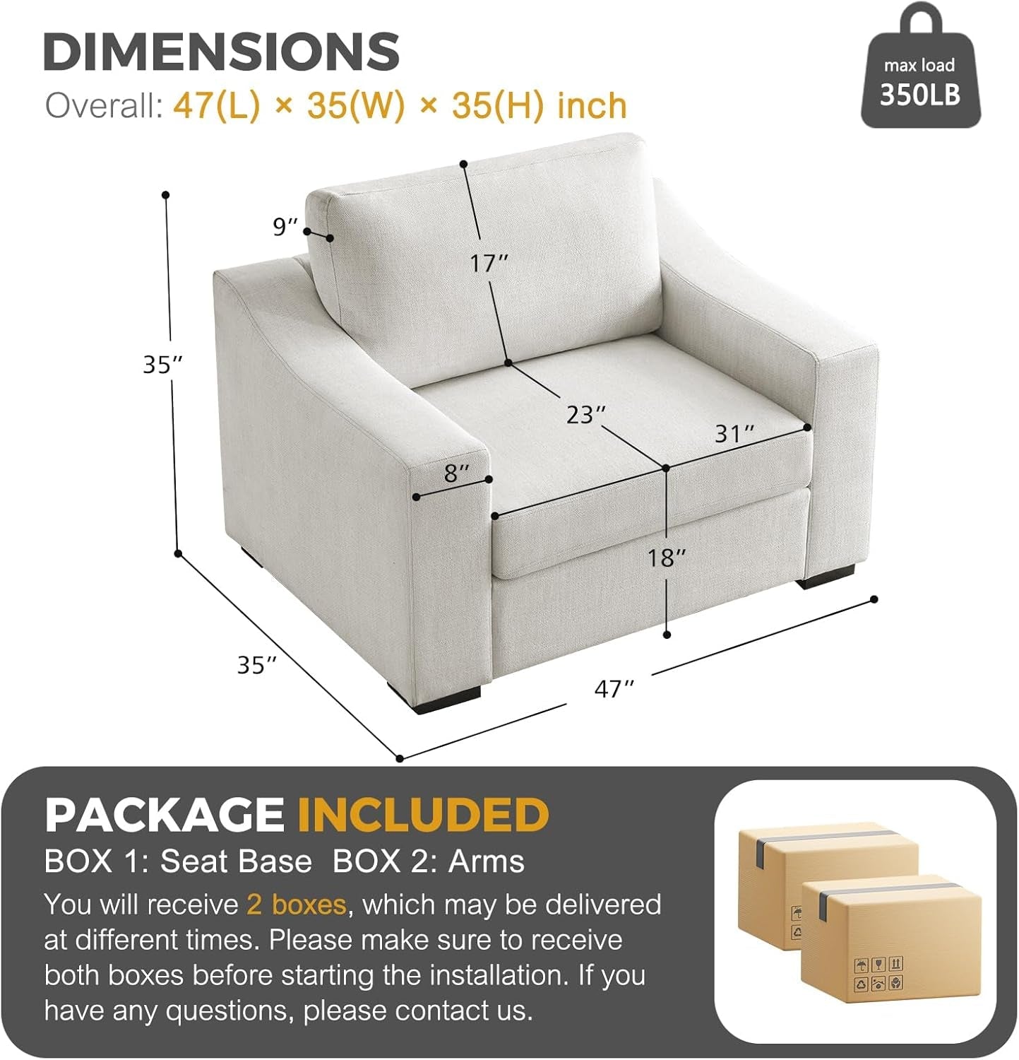 47 Inch Wide Ivory Upholstered Contemporary Armchair