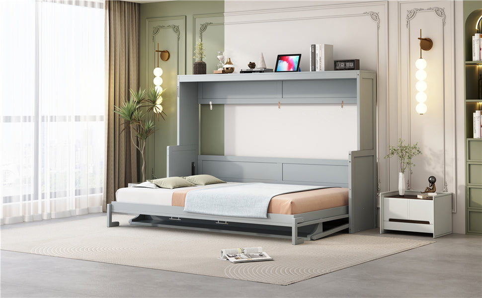 Queen Size Murphy Bed with Hydraulic Lift &amp; Desk Design - Gray