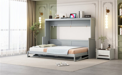 Queen Size Murphy Bed with Hydraulic Lift &amp; Desk Design - Gray