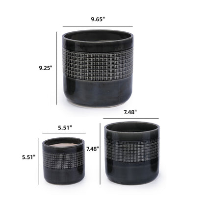 Set of 3 Black Grid Design Flower Pots