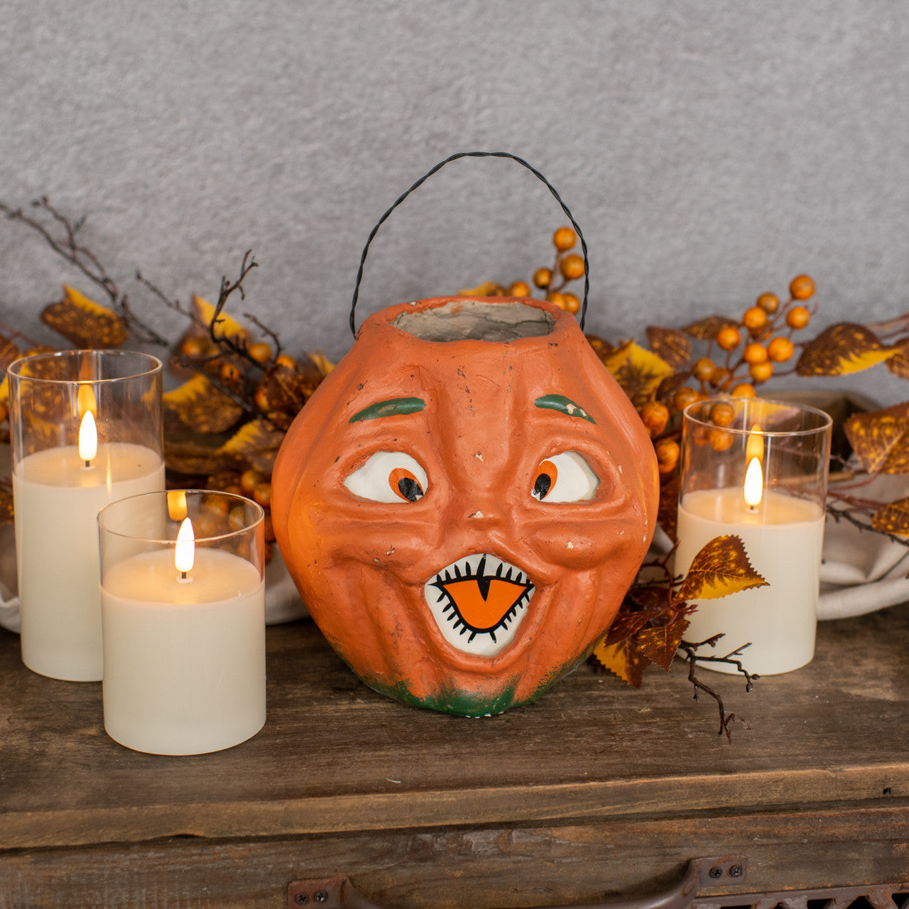 Vintage-Inspired Orange Resin Mache Jack-O-Lantern Choir Boy