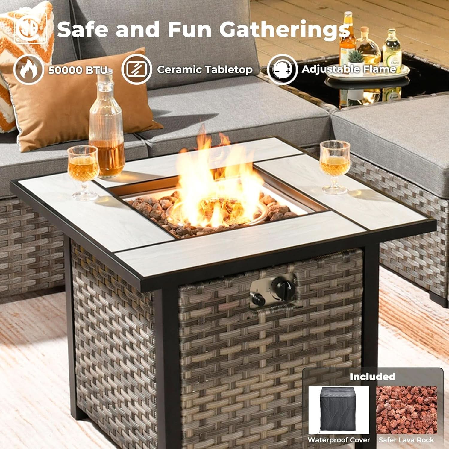 Modular Outdoor Wicker Sofa Set with Fire Pit - 10 Piece - Gray