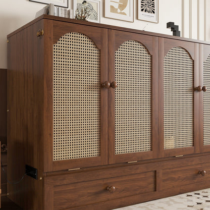 Queen Size Murphy Bed, Pine Wood with Power Station and Rattan Decoration Panel - Walnut
