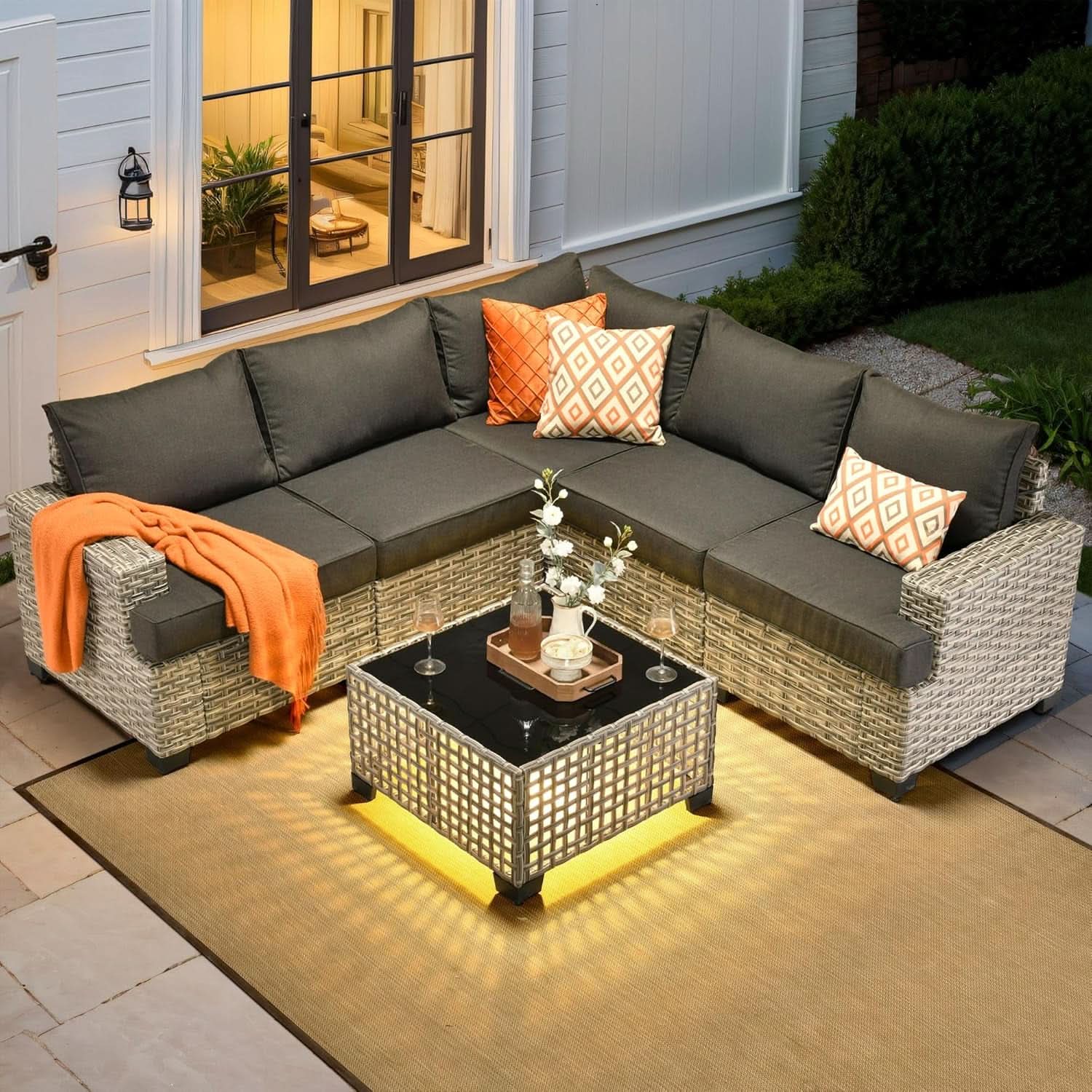 Six Piece Rattan Wicker Outdoor Sectional Sofa Set - Dark Gray