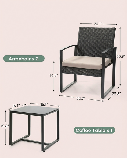 3-Piece Outdoor Patio Furniture Set – Wicker Chairs with Beige or Black Cushions