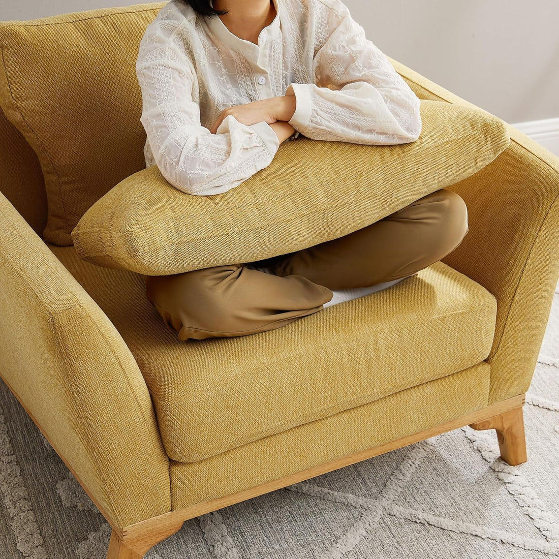 Large Linen Upholstered Accent Chair in Yellow