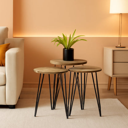 Grey Pine Wood Round Nesting Tables - Set Of 3