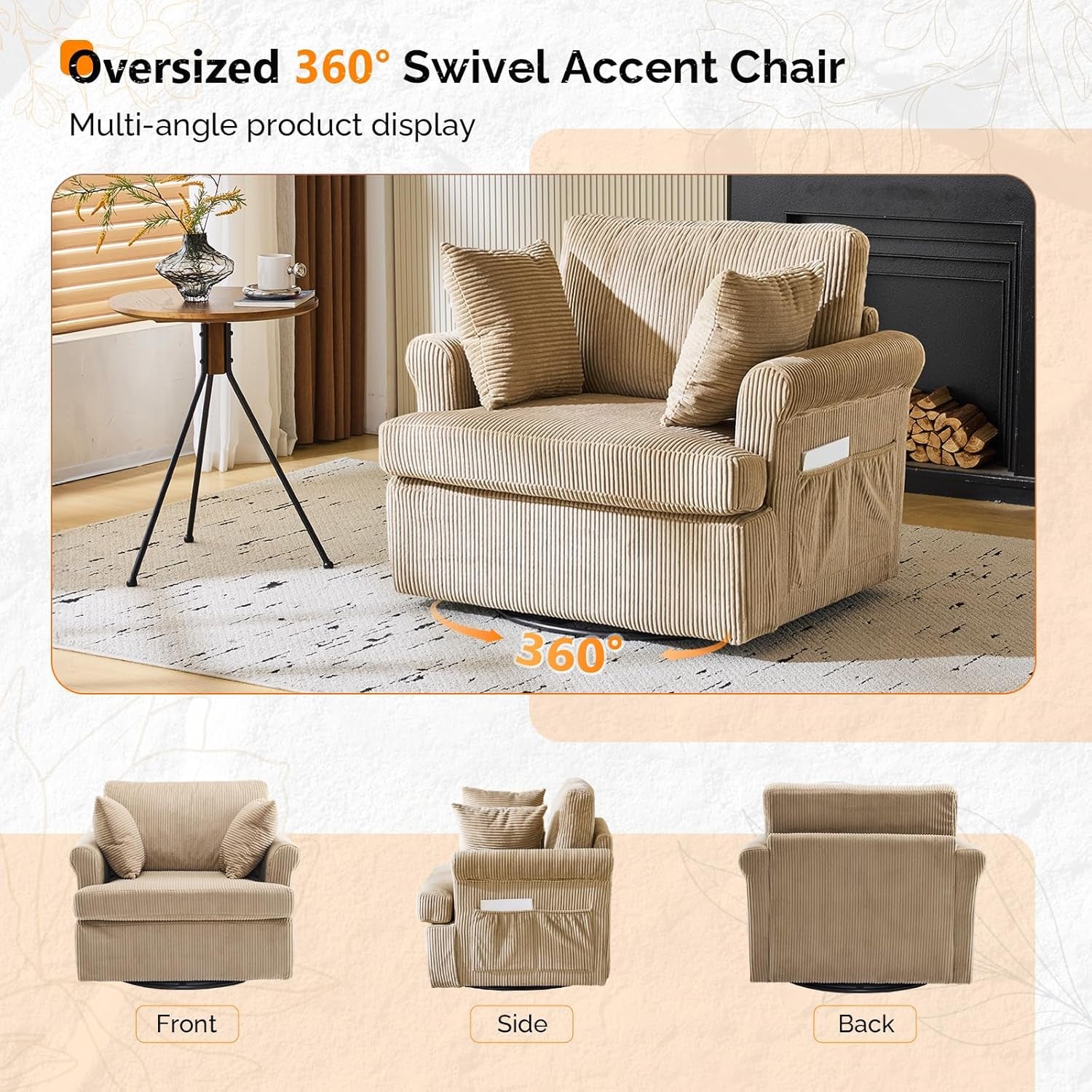 Vingl Extra Wide Swivel Armchair in Khaki Corduroy