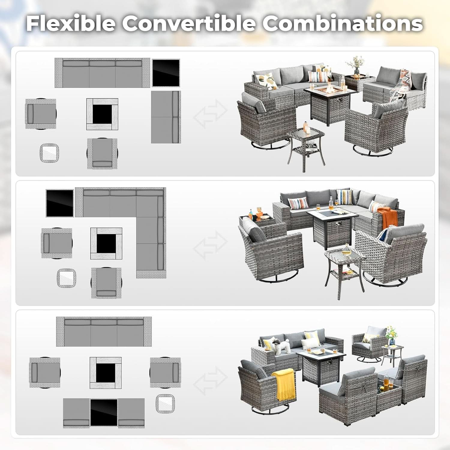 Modular Outdoor Wicker Sofa Set with Fire Pit - 10 Piece - Gray