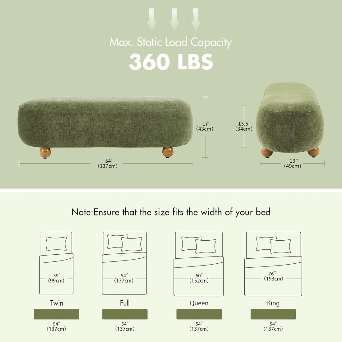 54-Inch Green Velvet Cushioned Bench