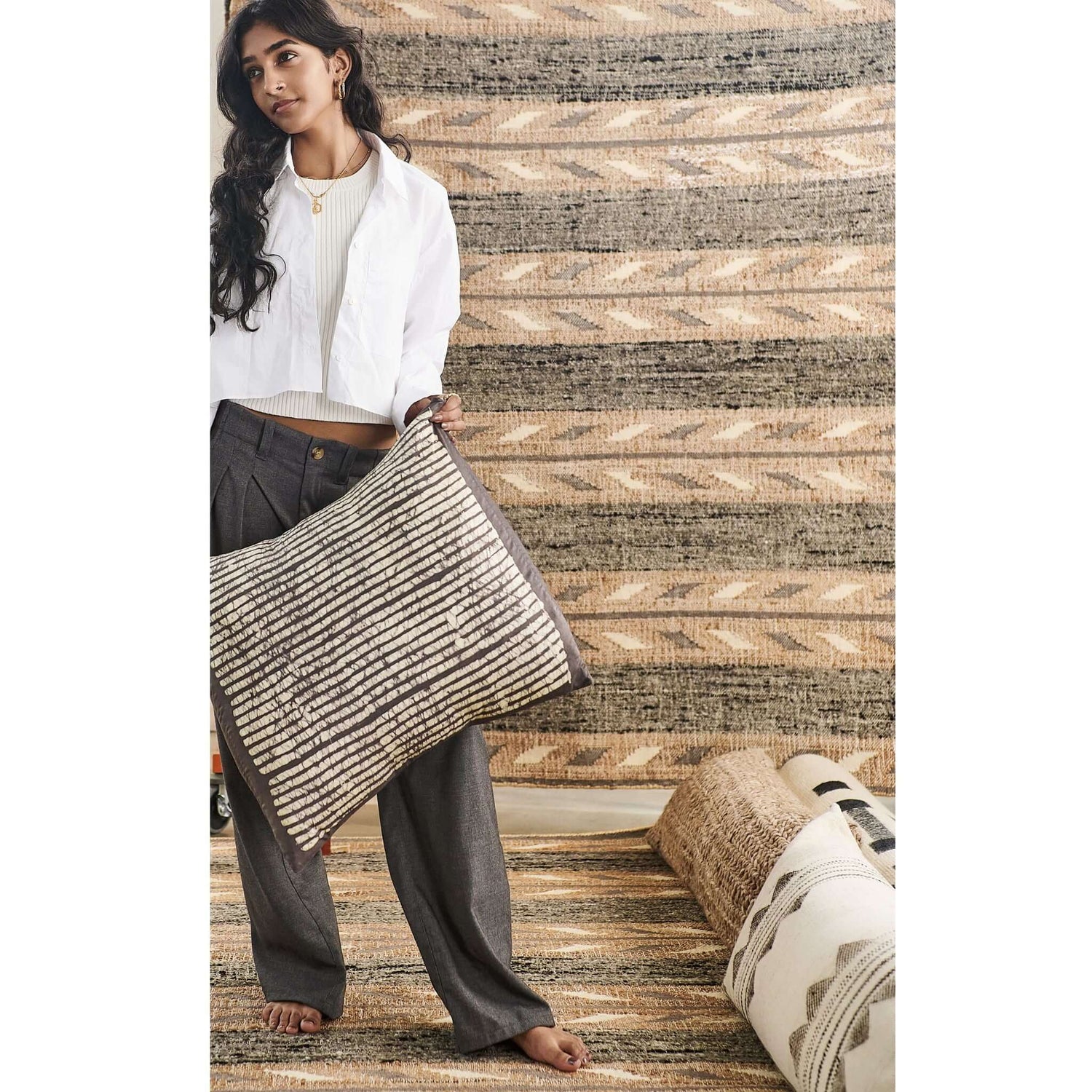 Maple Black Hand Wax Block Printed Stripes Mulberry Silk Pillow