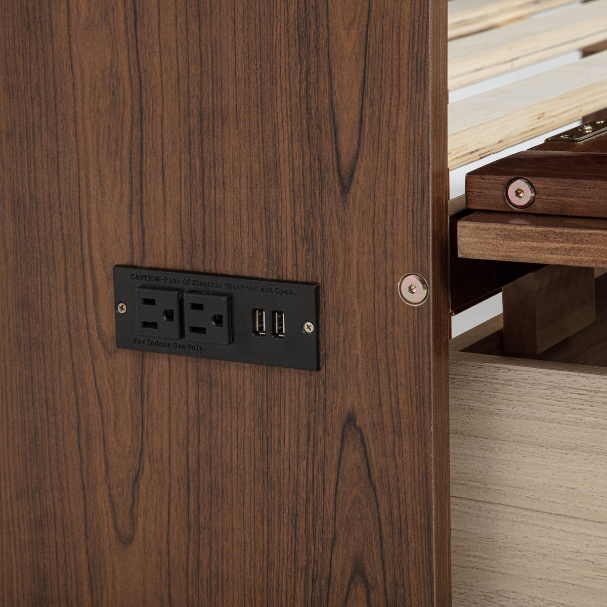Queen Size Murphy Bed, Pine Wood with Power Station and Rattan Decoration Panel - Walnut