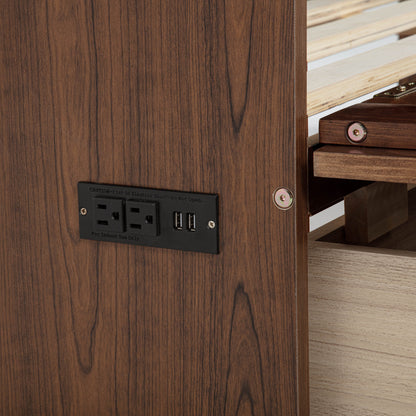Queen Size Murphy Bed, Pine Wood with Power Station and Rattan Decoration Panel - Walnut