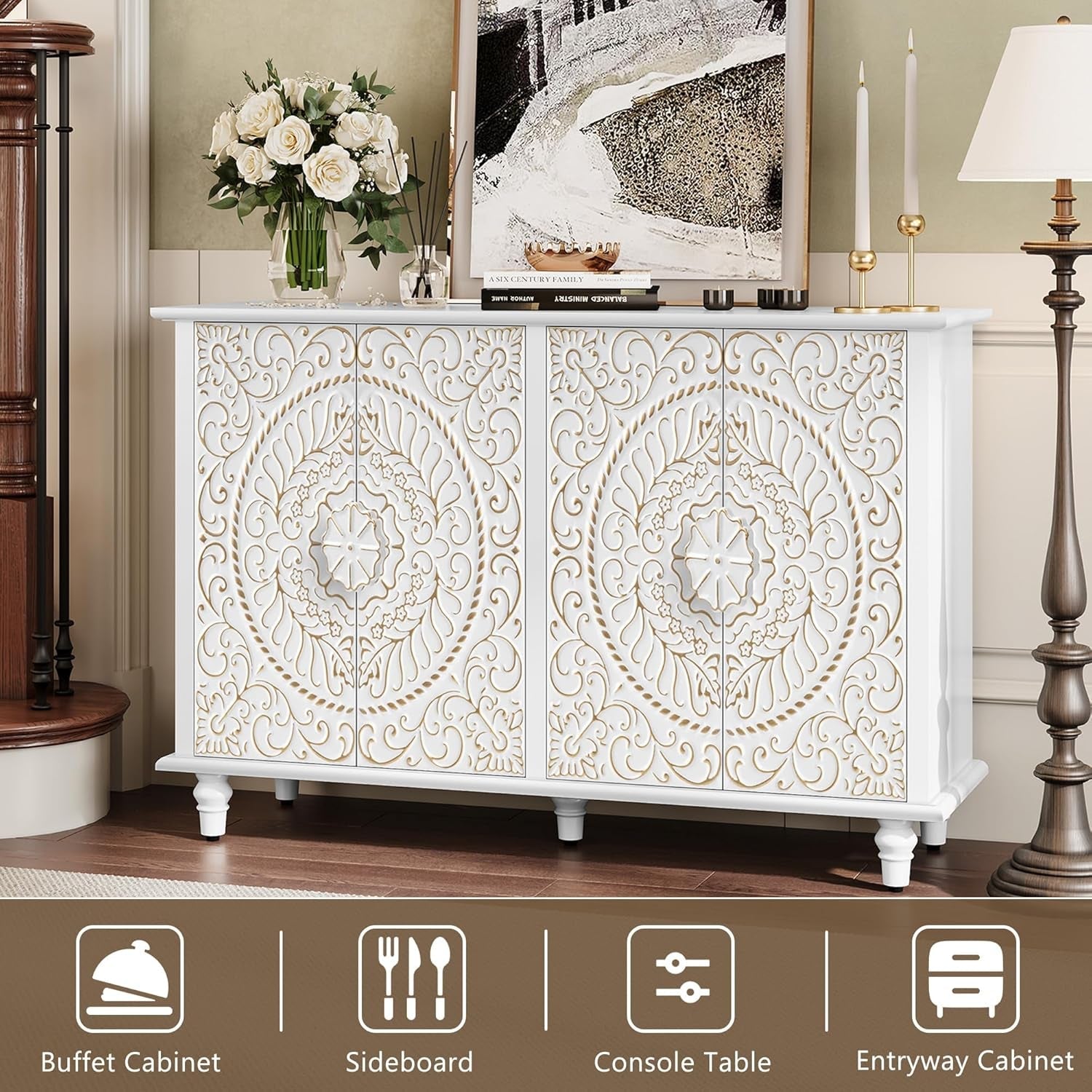 48 Inch Sideboard With Embossed Doors in Distressed White