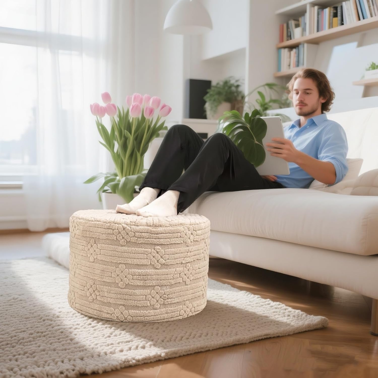 Ultra Plush Patterned Pouf/Ottoman in Tan
