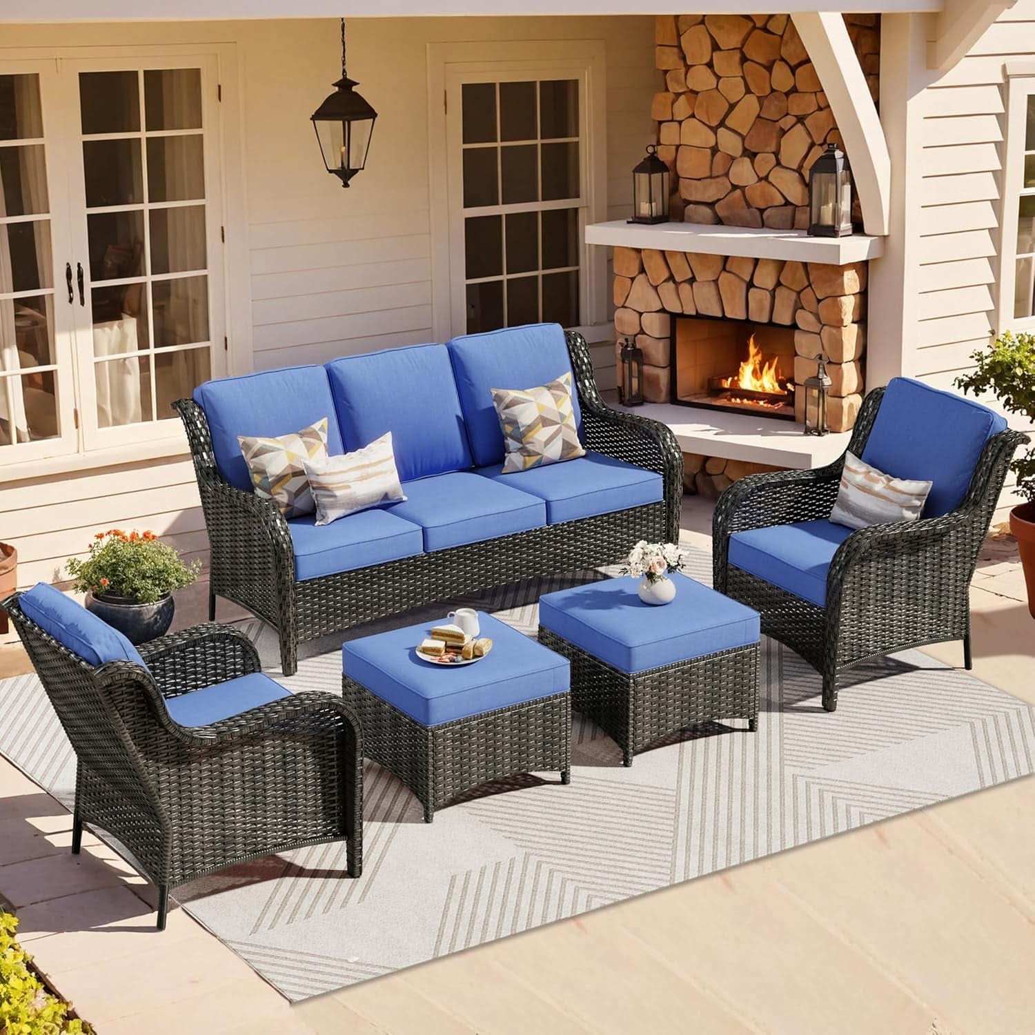 Five Piece Outdoor Wicker Patio Set With Cushions - Blue