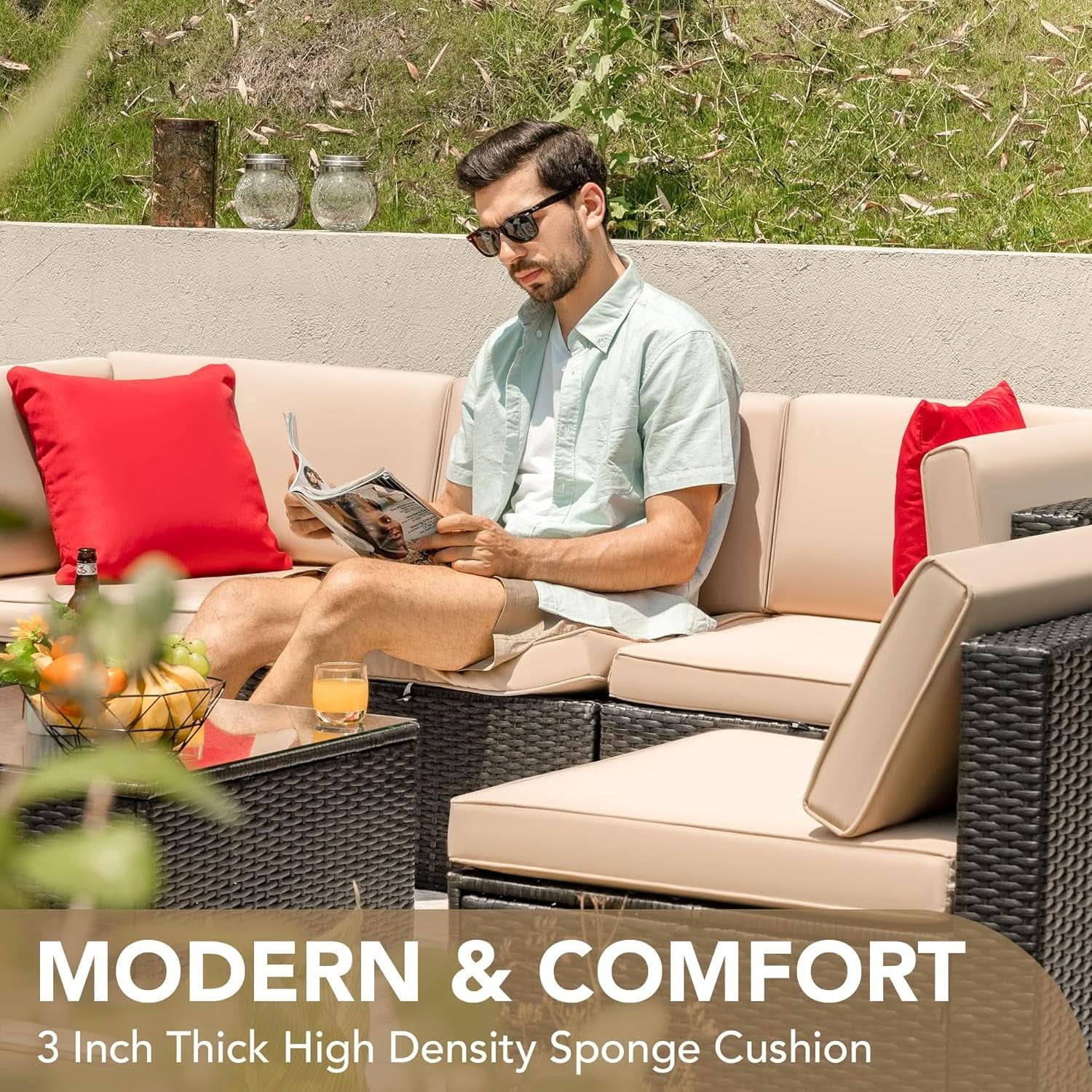 6 Piece Outdoor Rattan Sectional Sofa Set - Beige