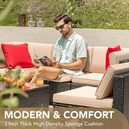6 Piece Outdoor Rattan Sectional Sofa Set - Beige