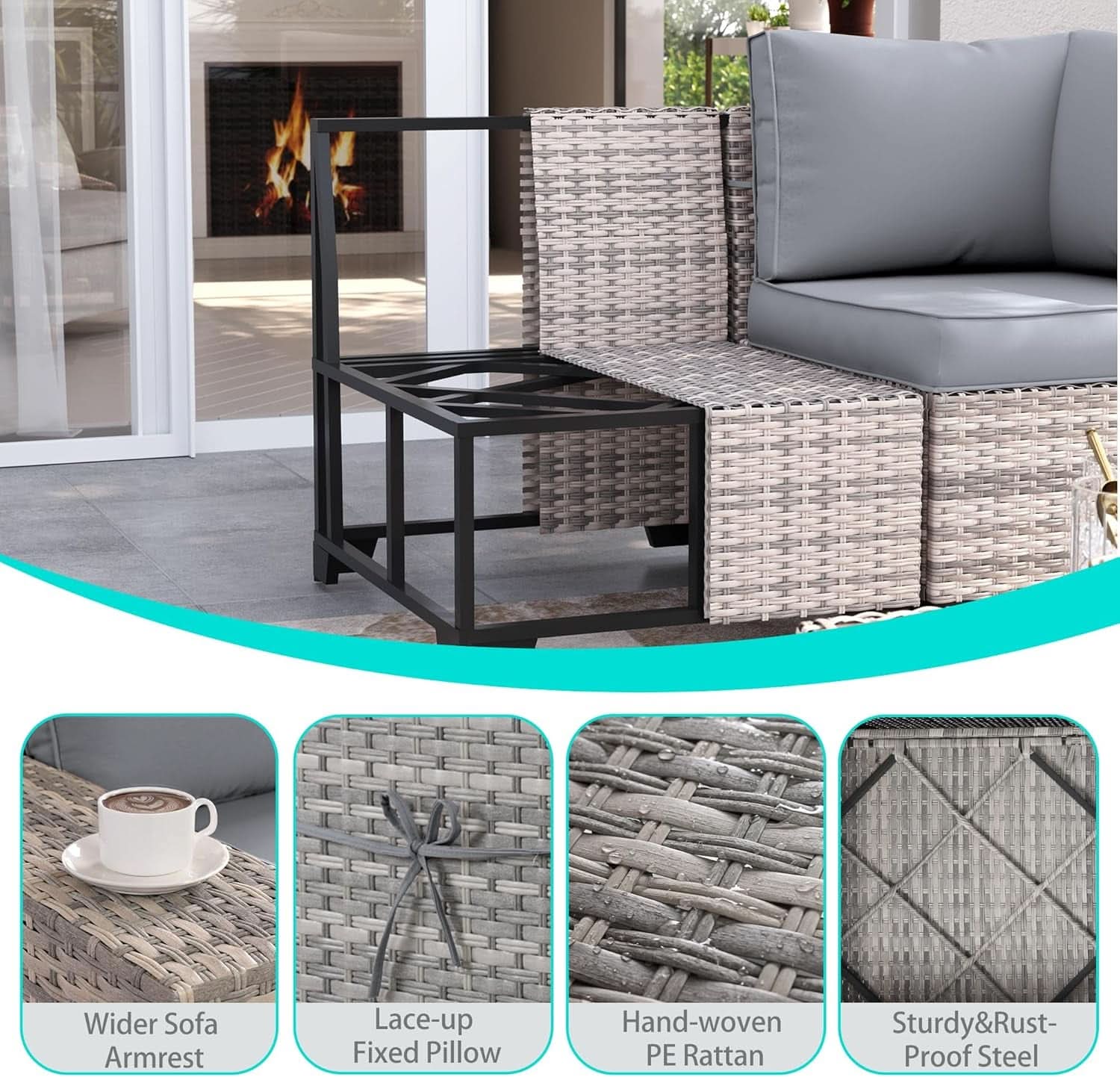 6-Piece Outdoor Modular Wicker Patio Set - Gray