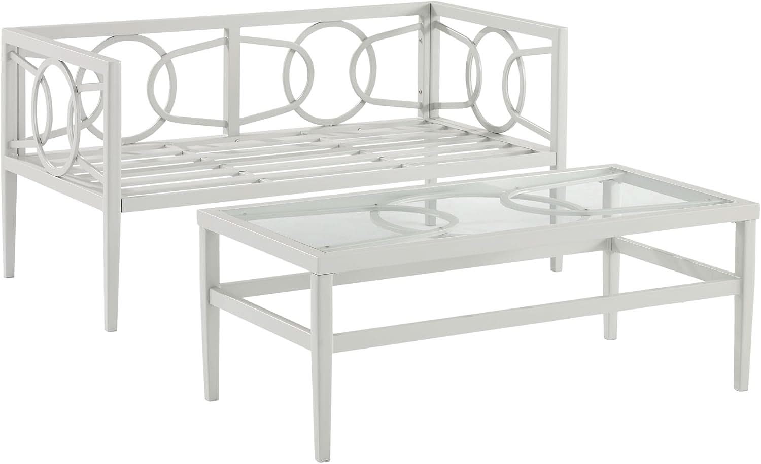 2 Piece Outdoor Gray Metal Loveseat and Coffee Table Set with Creme Cushions