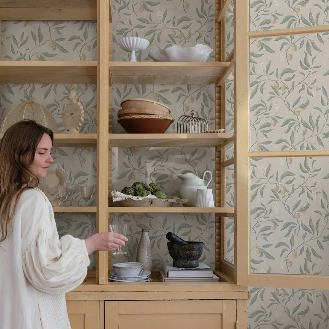 Branches and Lychee Handpainted Peel &amp; Stick Wallpaper in Sage Green