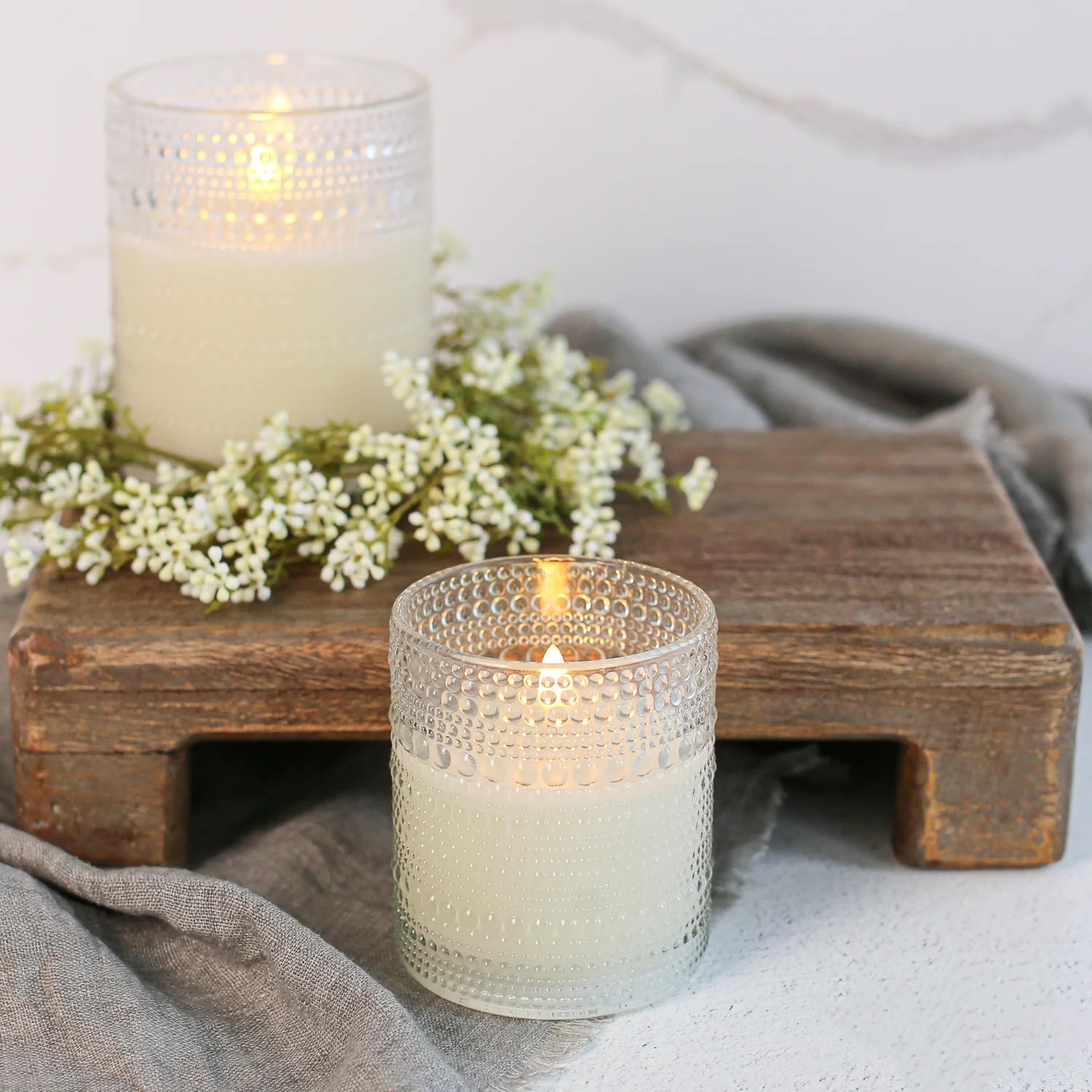 Clear Hobnail Glass 3D Flame LED Candles - 2 Sizes