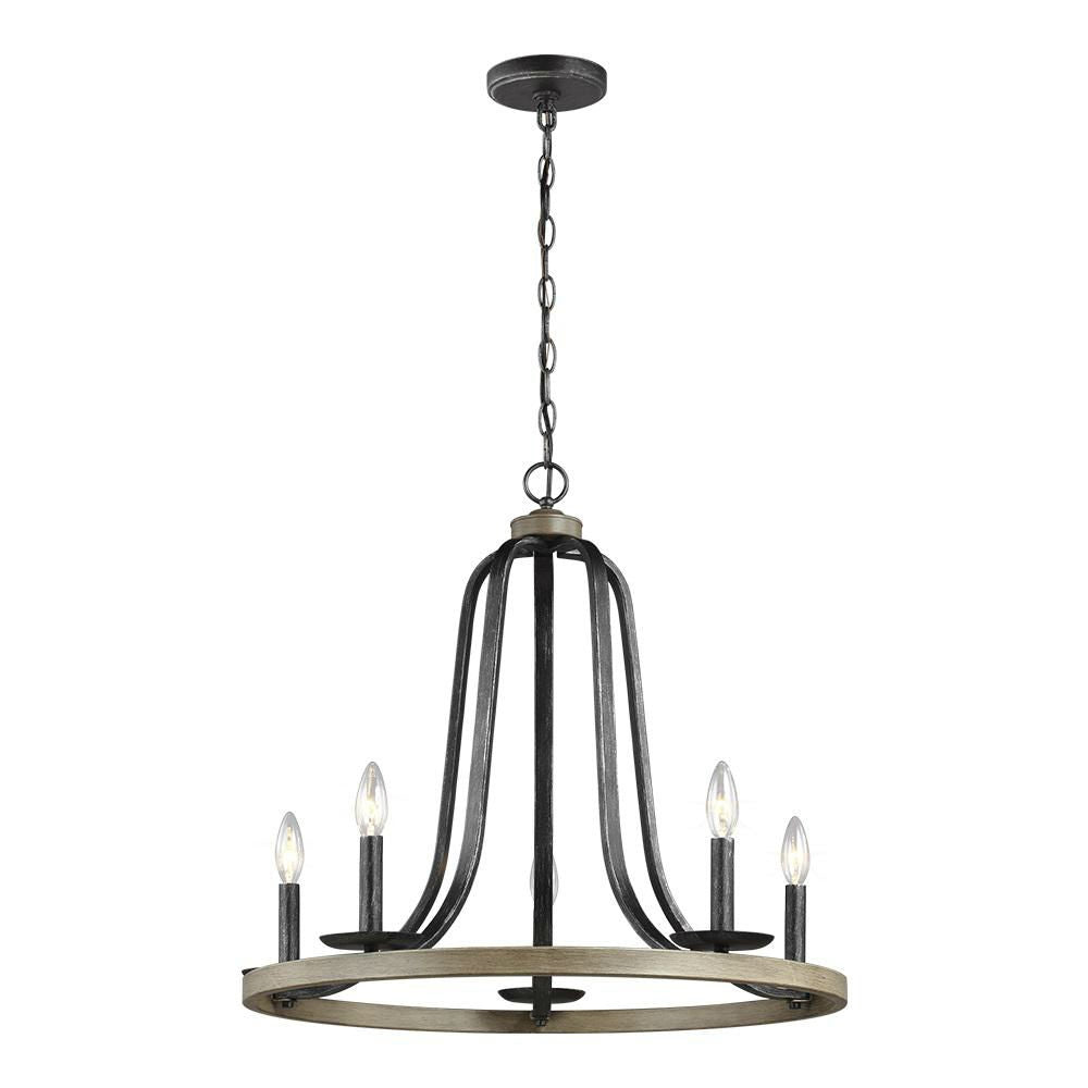 Rustic 5 Light Dimmable Circle Chandelier - Black/Oak Finish