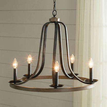 Rustic 5 Light Dimmable Circle Chandelier - Black/Oak Finish