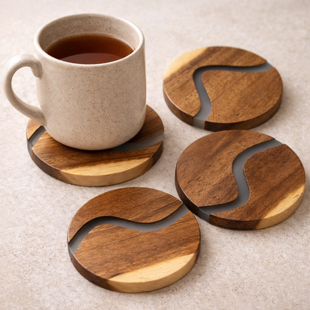 Wood &amp; Clear Resin Coasters Set of 4