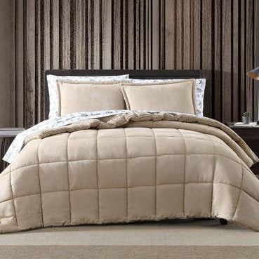 King Plush Sherpa Reversible Micro Suede Comforter Set in Beige