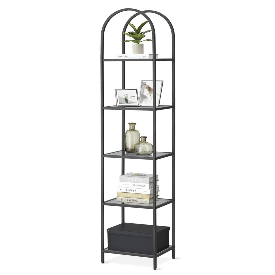 Arched Top Black Metal Narrow Bookcase/Display Rack with 5 Glass Storage Shelves